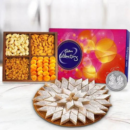 Kaju Katli with Dry Fruits and Chocolate Combo with silver plated coin for Diwali